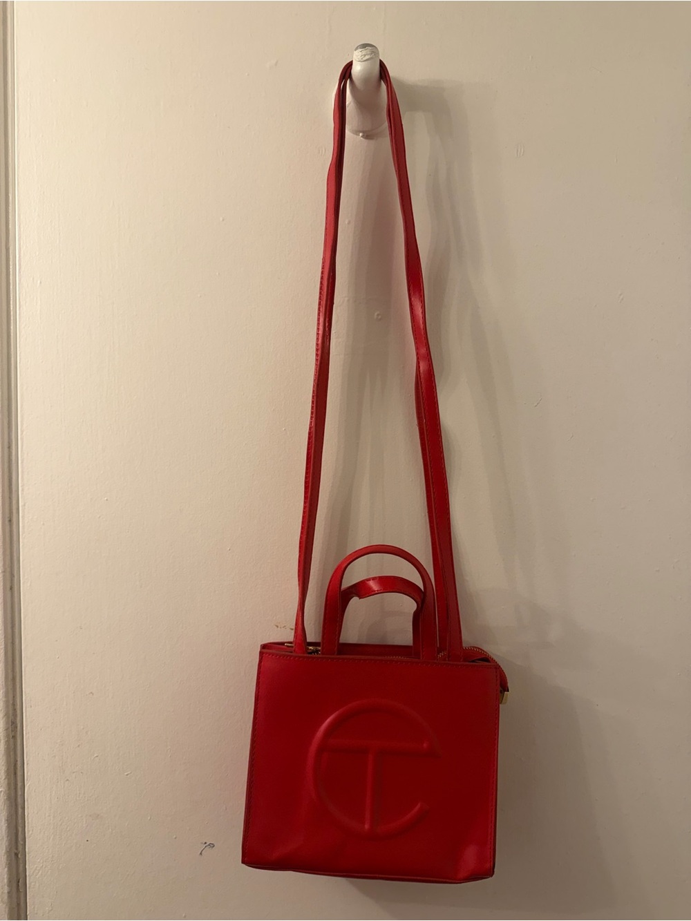 Telfar Red Small Square Crossbody Tote with Embossed Logo